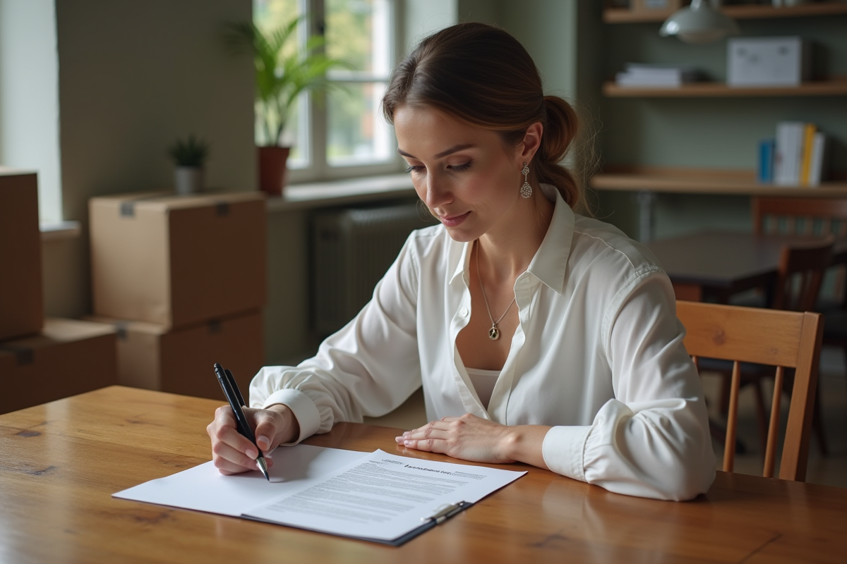 Femme signant un contrat de location dans un intérieur cosy