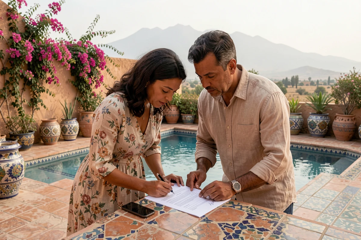 Couple signant le contrat d'achat d'une villa à Marrakech sur une terrasse avec piscine et vue sur l'Atlas