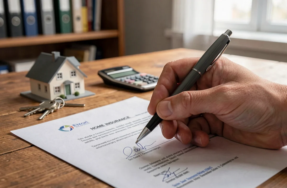 Signature d'un contrat d'assurance habitation avec clés de maison et calculatrice sur un bureau