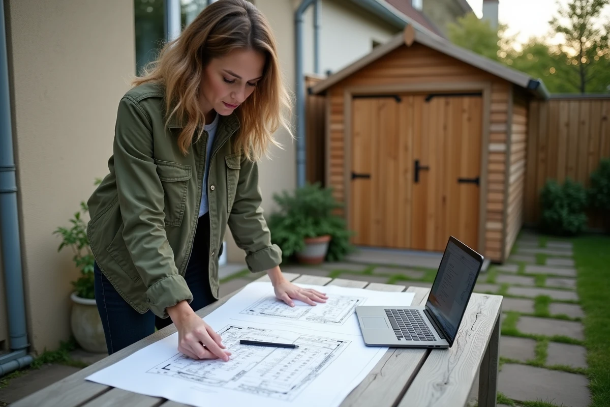 Femme consultant des plans de terrain et un simulateur en ligne pour calculer l'emprise au sol d'un abri de jardin