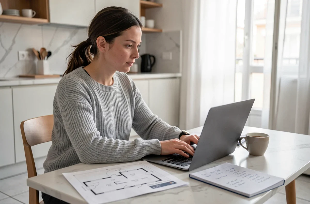 Femme consultant un simulateur de prêt immobilier pour un achat à Lyon