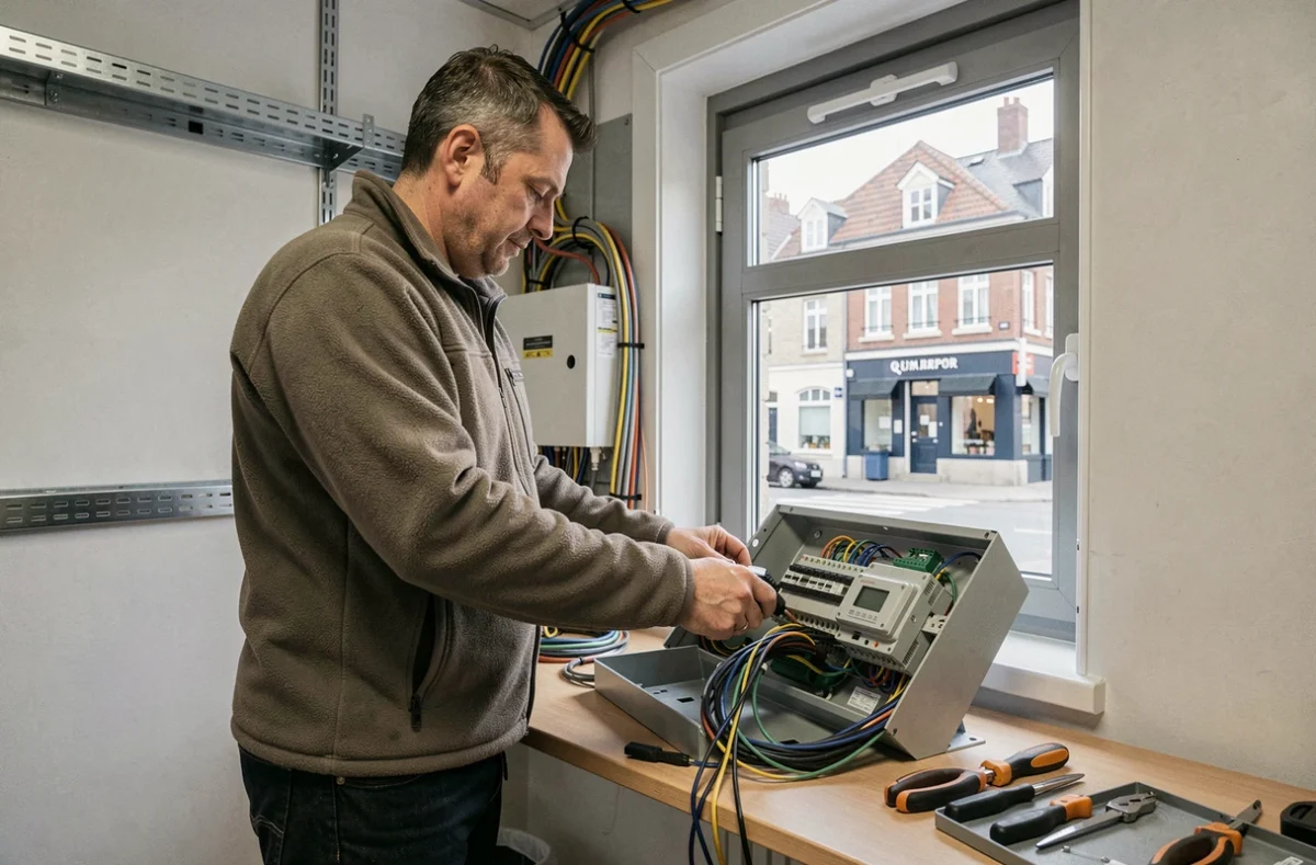 Technicien SARL Taranis Radio Communications contrôlant un tableau électrique dans un bureau à Quimper