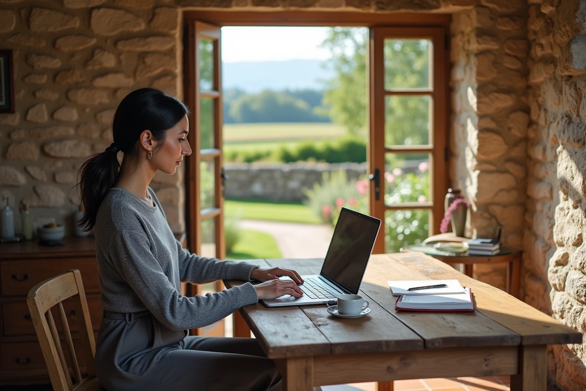 Femme en télétravail dans une petite maison de caractère avec vue sur jardin dans le Puy-de-Dôme