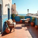 Terrasse marocaine traditionnelle avec vue sur la médina d'Essaouira, idéale pour une location longue durée
