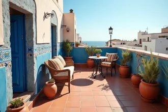 Terrasse marocaine traditionnelle avec vue sur la médina d'Essaouira, idéale pour une location longue durée