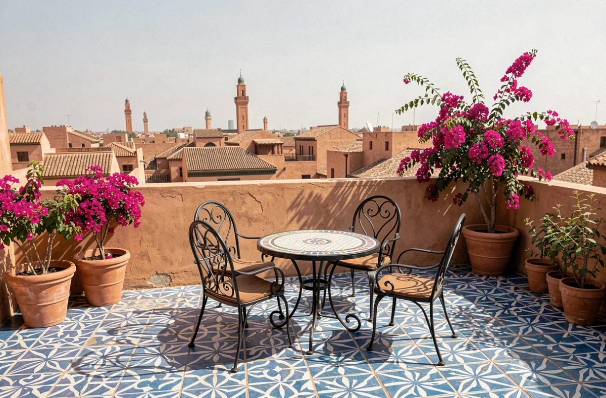 Terrasse panoramique d'un riad à Marrakech avec vue sur les toits de la médina, potentiel d'investissement