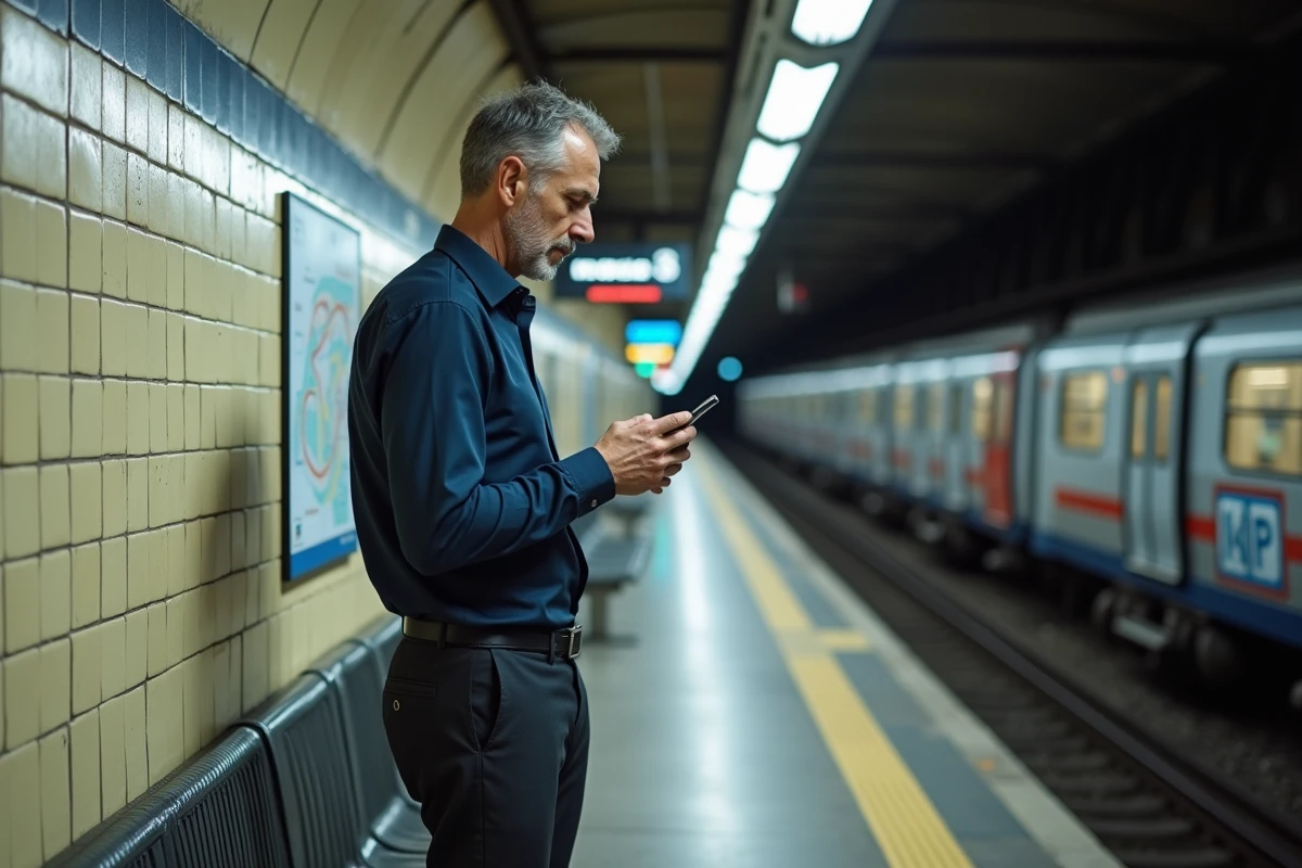 Homme consultant le réseau de transport en commun dans le métro de Marseille pour évaluer la mobilité d'un quartier