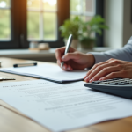 Personne travaillant à un bureau avec documents et clés de location