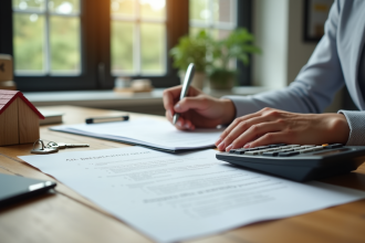Personne travaillant à un bureau avec documents et clés de location