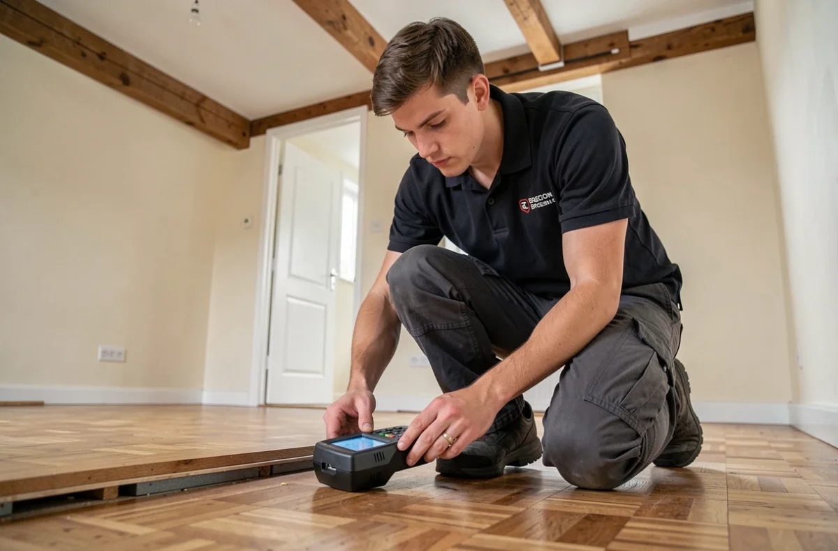 Technicien Ty Pic mesurant l'humidité d'un plancher en bois dans un appartement breton