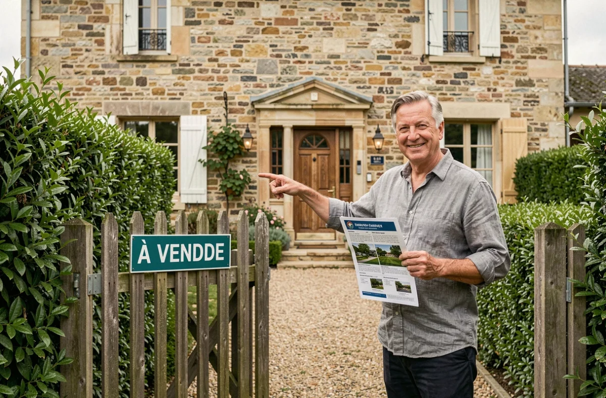 Vendeur immobilier devant sa maison en pierre avec panneau à vendre tenant une fiche de propriété avec honoraires inclus