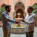 Propriétaire marocain remettant les clés d'un appartement riad à des acheteurs dans la médina de Marrakech