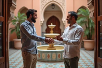 Propriétaire marocain remettant les clés d'un appartement riad à des acheteurs dans la médina de Marrakech