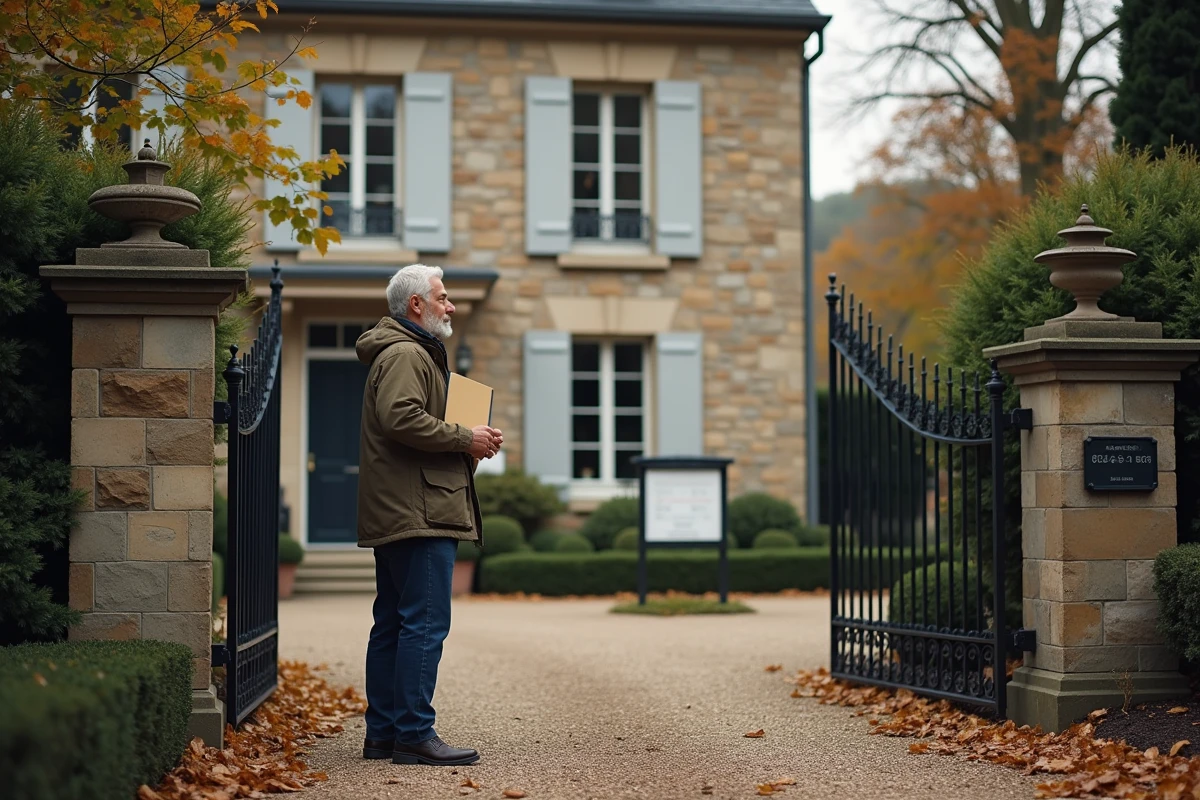 Maison familiale française avec un adulte tenant des documents, représentant la vente d'un bien immobilier d'un parent sous protection juridique