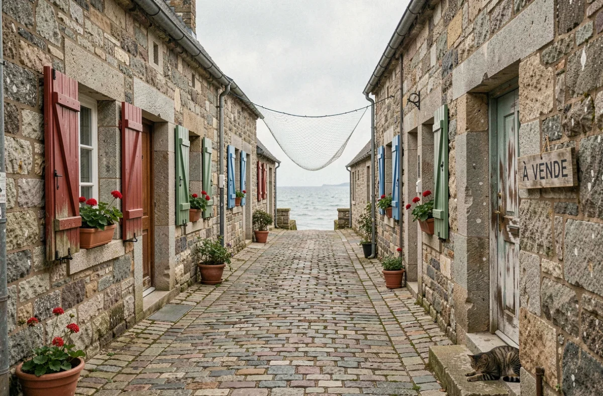 Rue de village côtier breton avec maisons de pêcheurs en pierre à vendre et vue sur la mer