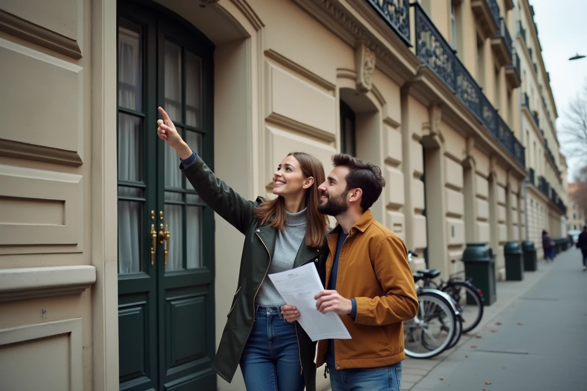 Deux jeunes locataires visitant un immeuble haussmannien à Paris après recherche sur Locannonce