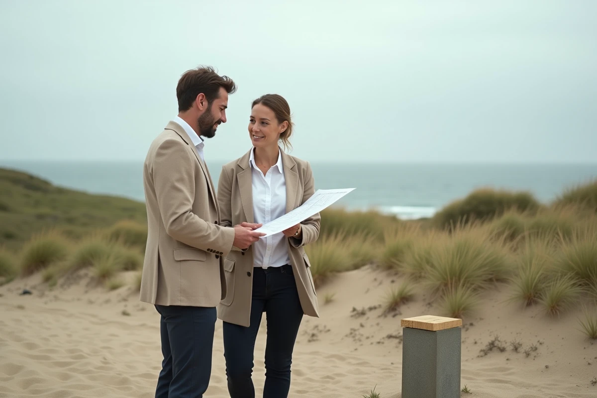 Acheteuse et agent immobilier inspectant un terrain côtier en bord de mer avec plan en main