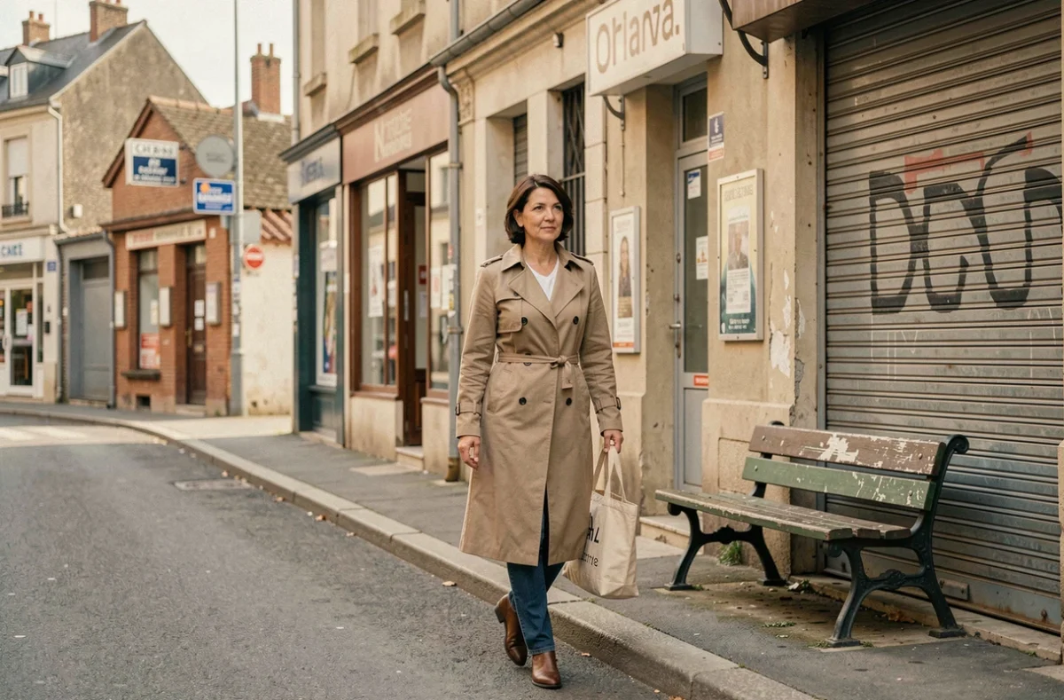 Femme marchant dans une zone commerciale de banlieue parisienne avec des commerces aux devantures usées